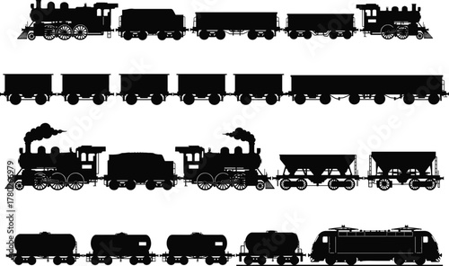 Vintage steam and cargo train silhouette set, retro locomotive vector illustration of classic rail transport, industrial wagons, and old railway engines design