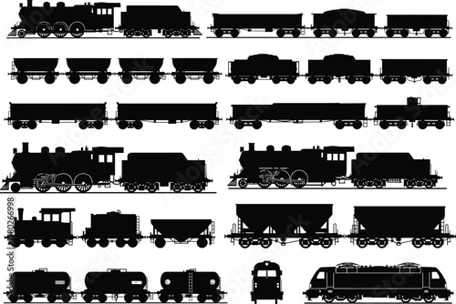 Vintage steam and freight train silhouette collection, retro locomotive vector illustration set with industrial wagons, classic railway engines, and old cargo transport design
