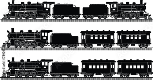 Vintage steam locomotive and passenger train silhouette set, classic railway transportation vector illustration for travel, industrial design, retro vehicle collection, black artwork