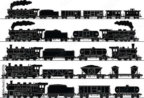 Vintage steam locomotive freight train silhouette vector illustration, 