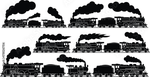 Vintage steam locomotive silhouette collection, classic railway engine vector illustration set with smoke, retro train design elements for industrial transport artwork