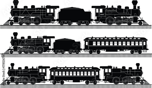 Vintage steam locomotive silhouette set on railway tracks, retro train illustration collection for transportation, travel, history, and industrial design concepts, vector art
