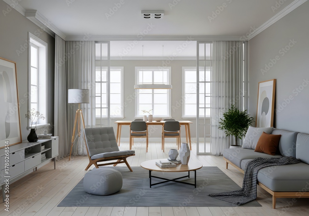 Fototapeta premium A living room with a gray sofa, chair, and table, with a dining room visible through glass doors