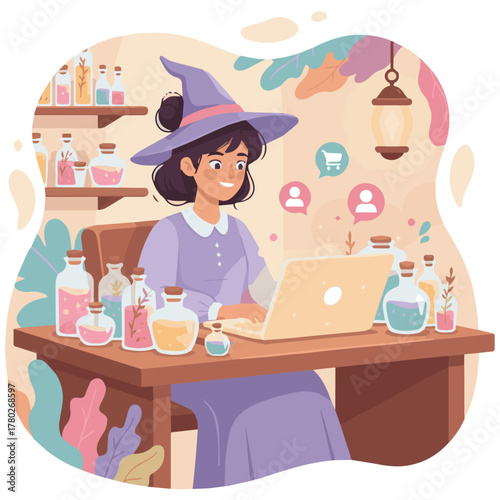 Witch Running an Online Potion Store

Whimsical flat vector of a young witch selling potions via laptop at a cozy wooden desk, surrounded by magical bottles, floating icons of customers, pastel color 