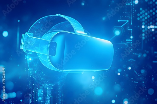 A sleek blue virtual reality headset stands out against a background of abstract geometric shapes and glowing dots, suggesting immersive technology exploration.