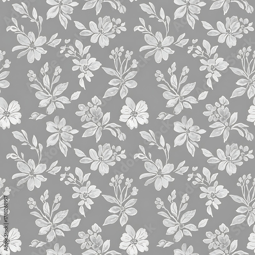 Watercolor floral pattern of hand-painted wildflowers and sprawling leaves tied with a sheer ribbon on a bright white silk background, created for wallpaper and fabric, illuminated with diffused	