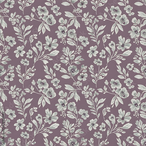 Watercolor floral pattern of hand-painted wildflowers and sprawling leaves tied with a sheer ribbon on a bright white silk background, created for wallpaper and fabric, illuminated with diffused	