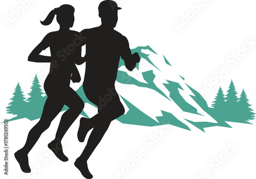 Minimalist Man and Woman Trail Running Silhouette on White Background 