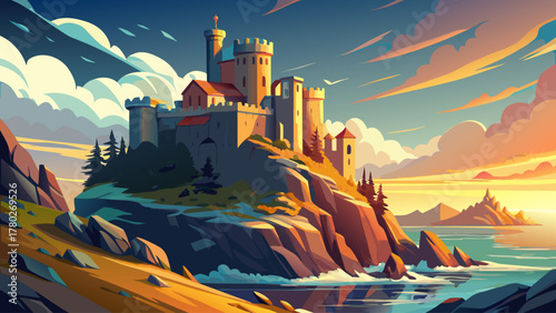 Majestic castle perched on a rocky cliff overlooking the vast ocean, surrounded by sea breeze and golden sunlight, blending historical grandeur with natural seaside tranquility