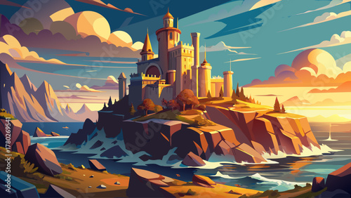 Majestic castle perched on a rocky cliff overlooking the vast ocean, surrounded by sea breeze and golden sunlight, blending historical grandeur with natural seaside tranquility
