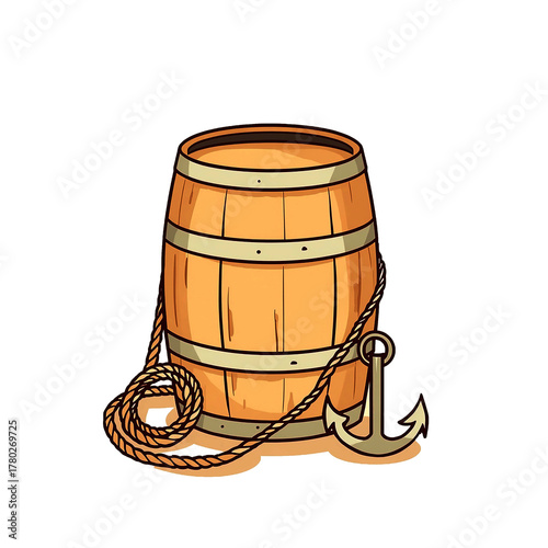 Pirate's treasure or a sailor's ration? A classic cartoon illustration of a wooden barrel, complete with a length of rope and a sturdy nautical anchor