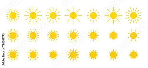 A set of sun icons. Yellow solar cells isolated on a white background, vector illustration, flat design, Bright glowing planets. Summer sunlight, energy, heat. Graphic symbol of the sun