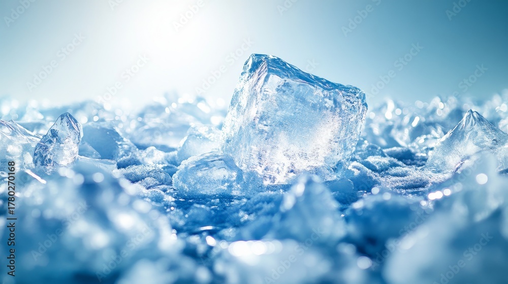 Obraz premium Lots of ice was piled on top of the ice, with one huge ice block in the middle and other small ice blocks around the big ice block. There were lots of small pieces of ice scattered around the big ones