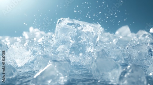 Lots of ice was piled on top of the ice, with one huge ice block in the middle and other small ice blocks around the big ice block. There were lots of small pieces of ice scattered around the big ones