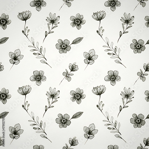 Watercolor floral pattern of hand-painted wildflowers and sprawling leaves tied with a sheer ribbon on a bright white silk background, created for wallpaper and fabric, illuminated with diffused	