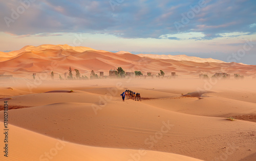 Tableau sur toile General view of the Merzouga hotels district - Merzouga, Sahara, Morocco