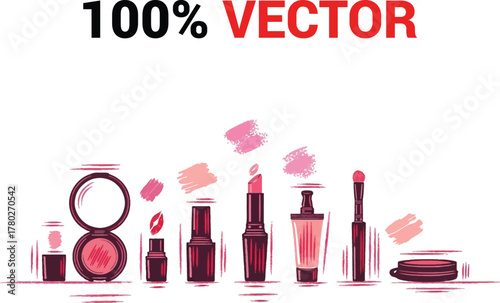 Collection of elegant makeup products including lipstick mascara foundation and compact mirror with blush strokes