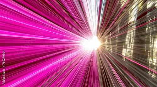Dynamic burst of pink light rays forming tunnel-like illusion with bright center. Abstract energy movement concept ideal for technology, speed or futuristic themes with copy space.