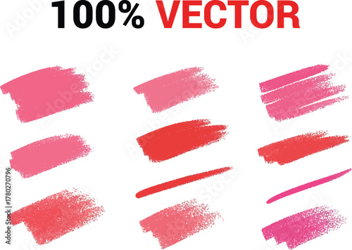 Collection of vibrant pink and red lipstick swatches and brush strokes on a white background