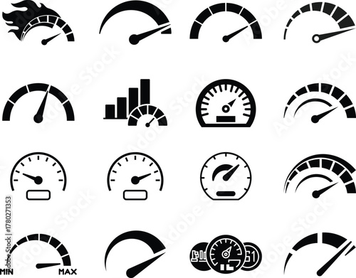 Speedometer icon Speedometer, tachometer icon, gauge meter, dashboard elements for automotive, speed measurement. Vector set for car speed, fuel, RPM, tachometer. Black speed dials.