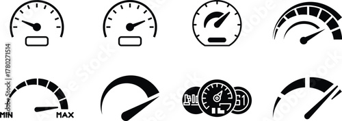 Speedometer icon Speedometer, tachometer icon, gauge meter, dashboard elements for automotive, speed measurement. Vector set for car speed, fuel, RPM, tachometer. Black speed dials.