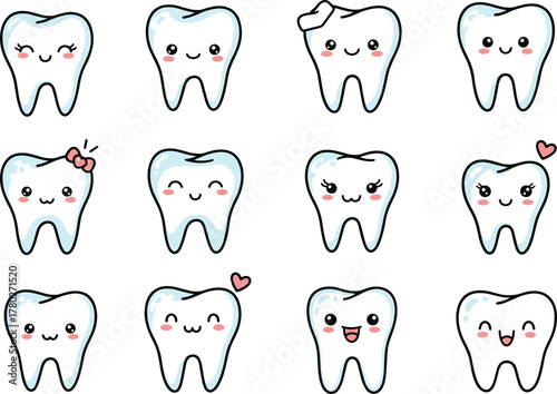 Cartoon teeth characters, dental health education, cute smiling tooth icons, children dentistry illustration, playful dental care design, orthodontic awareness graphics