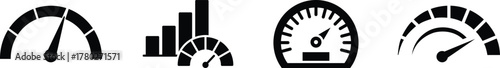 Speedometer icon Speedometer, tachometer icon, gauge meter, dashboard elements for automotive, speed measurement. Vector set for car speed, fuel, RPM, tachometer. Black speed dials.