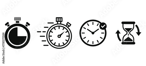 Time Management Vector Icons: Stopwatch, Deadline Clock, and Hourglass for Speed and Efficiency.