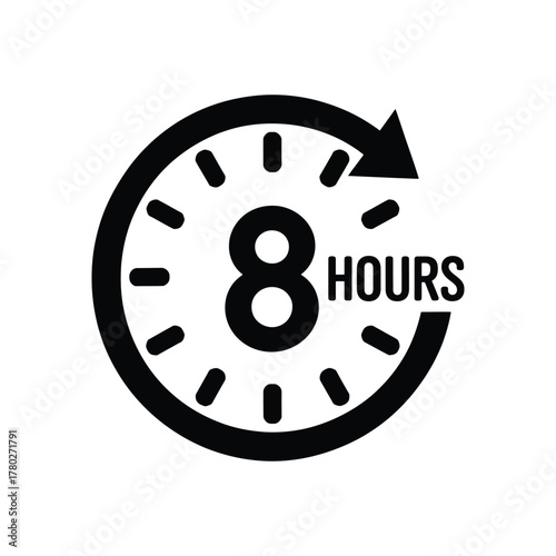 Eight Hours Vector Icon: Service Duration, Work Time, and Time-Lapse Clock Symbol.
