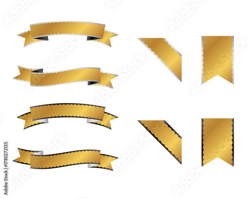 高級感のあるサテングラデーションのゴールドリボン装飾セット - 波型フリル、受賞・記念のエレガントなベクター 金　銀　黒