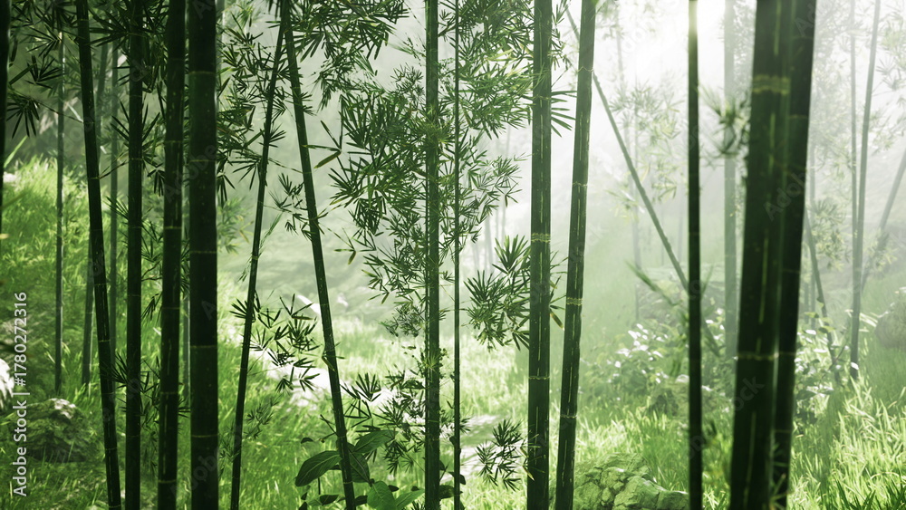 Fototapeta premium In a tranquil bamboo forest, sunlight filters through tall green stalks, casting gentle shadows on the vibrant foliage. The atmosphere is one of peace and natural beauty.
