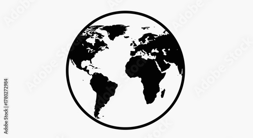 Bold black and white world map emblem inside a circle, representing global connection and international business opportunities.