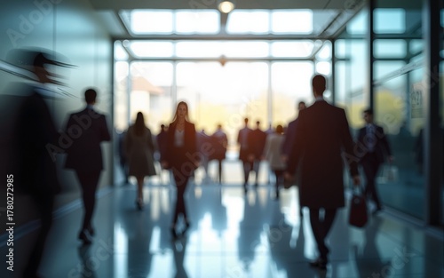 Crowd of blurred business people walking in a modern entrance. High quality