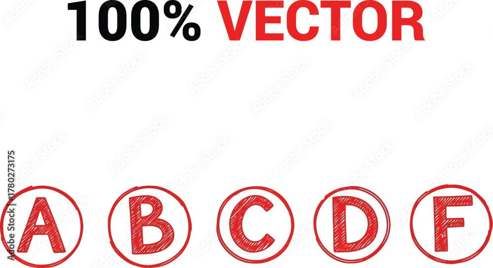 Obraz premium Five red letters a b c d f inside oval shapes on a white background