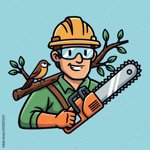 Cartoon Arborist Ready to Work with Chainsaw and Friendly Bird