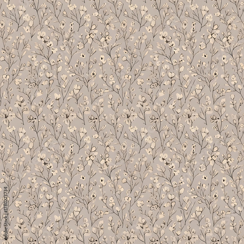 Watercolor floral pattern of hand-painted wildflowers and sprawling leaves tied with a sheer ribbon on a bright white silk background, created for wallpaper and fabric, illuminated with diffused	