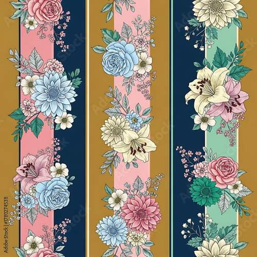 Watercolor floral pattern of hand-painted wildflowers and sprawling leaves tied with a sheer ribbon on a bright white silk background, created for wallpaper and fabric, illuminated with diffused	