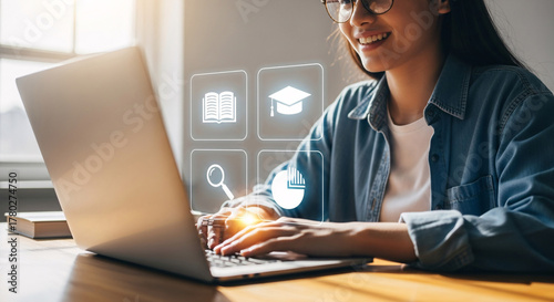 Woman Using Laptop with Glowing Network Icons