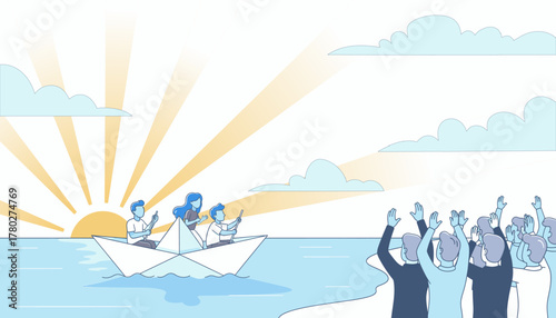 Team Sailing a Paper Boat into a Vibrant Sunrise with a Cheering Crowd, Symbolizing a Successful Journey, New Beginnings, or Business Achievement with Support
