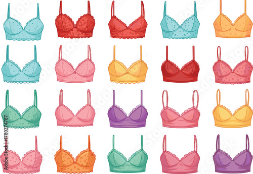 Colorful lingerie collection, fashion bras, lace underwear, stylish intimate apparel, women’s clothing, trendy bra set, feminine fashion, lingerie design, retail catalog, fashion illustration