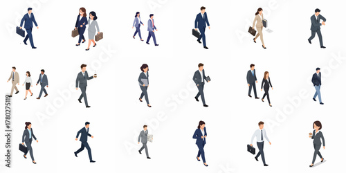 Simple Isometric Business People Walking Illustration in Various Actions Poses Style