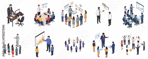 Isometric Style Business Meeting and Presentation Group Set Illustration