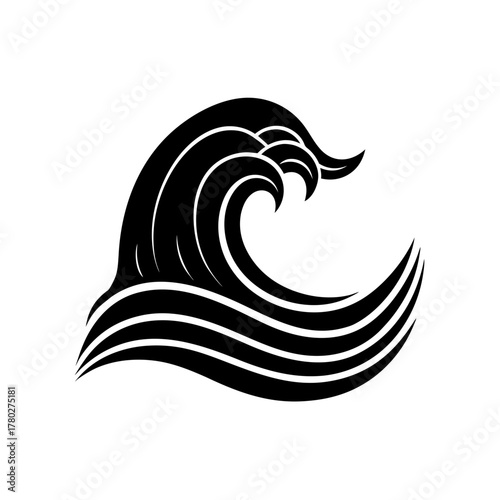 Stylized black and white ocean wave on transparent background silhouette