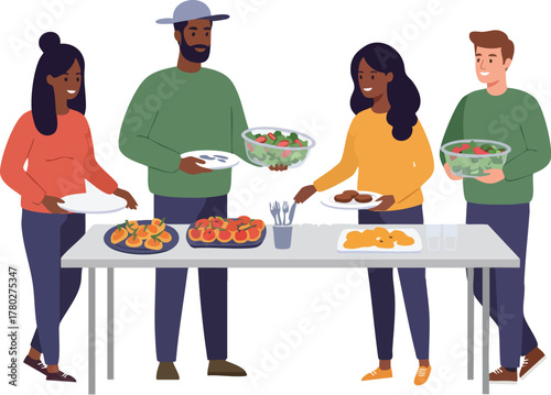 Four people serving themselves food from a table with various dishes.