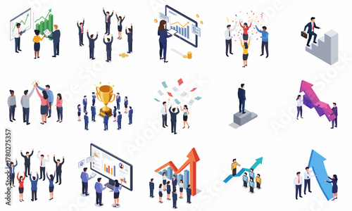 Isometric Successful Business People Achievement Celebration and Growth Illustration Set