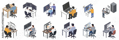 Isometric Detail People Working on Computer at Desk Icon Collection