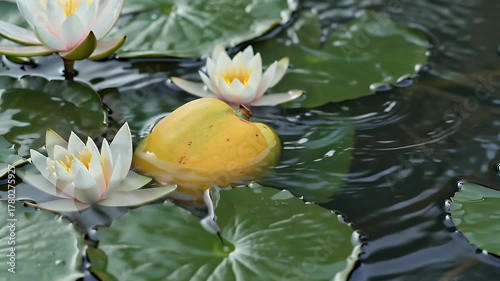 Floating Yellow-Green Round Object Surrounded by White Water Lilies on a Quiet Pond