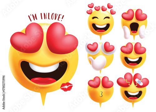 Emoji in love clipart set. Emojis like in love, love, heart, I like you, lip kiss and heart bandage clip art with happy, laugh, tense, obsessed and cute face social media icon collection vector 