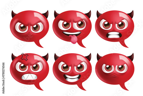 Emoji angry face red icon clipart set. Red emoji face with angry, silly, mad, rage, furious and unhappy emoticon characters clip art chat bubble symbol collection vector illustration.
