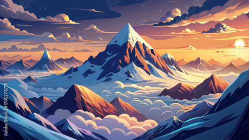 Breathtaking panoramic view from the top of a snowy mountain peak, endless clouds and distant valleys below, glowing under warm sunrise light, evoking freedom, strength, and awe